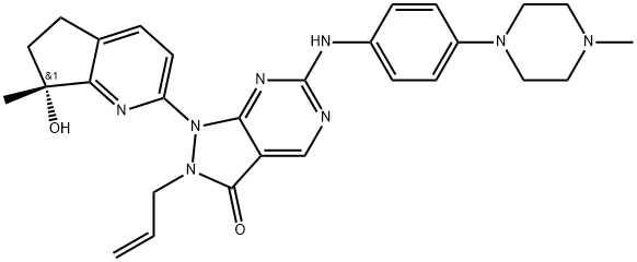 3H-Pyrazolo[3,4-d]pyrimidin-3-one, 1-[(7R)-6,7-dihydro-7-hydroxy-7-methyl-5H-cyclopenta[b]pyridin-2-yl]-1,2-dihydro-6-[[4-(4-methyl-1-piperazinyl)phenyl]amino]-2-(2-propen-1-yl)- (ACI) Structure