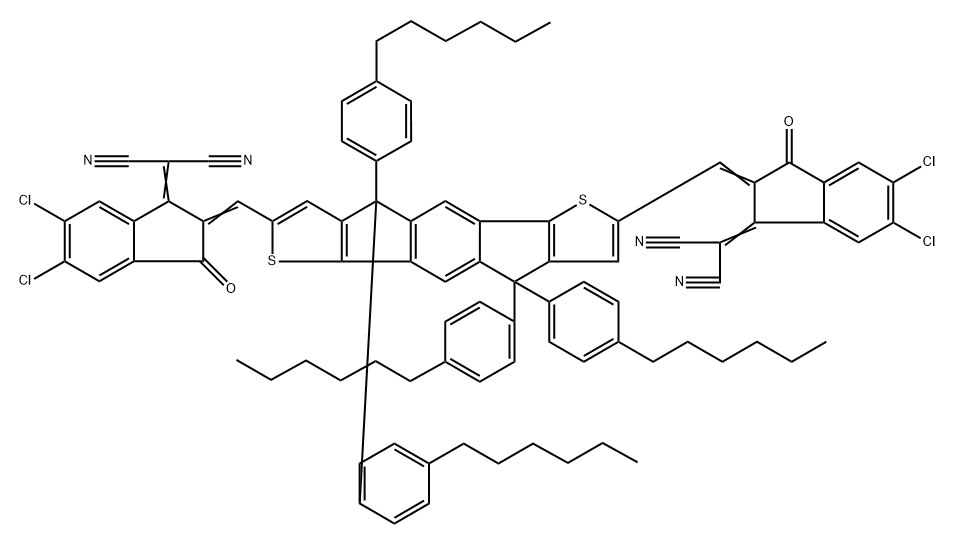 Propanedinitrile, 2,2'-[[4,4,9,9-tetrakis(4-hexylphenyl)-4,9-dihydro-s-indaceno[1,2-b:5,6-b']dithiophene-2,7-diyl]bis[methylidyne(5,6-dichloro-3-oxo-1H-indene-2,1(3H)-diylidene)]]bis- 구조식 이미지