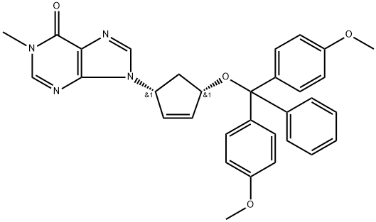 9-{(1 R,4S)-4-[bis(4-methoxyphenyl)(phenyl)methoxy]cyclopent-2-en-1 -yl}-1 -methyl-1,9-dihydro-6H-purin- 6-one Structure