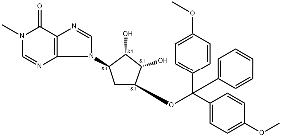 9-((1 R,2S,3S,4S)-4-(bis(4-methoxyphenyl)(phenyl)methoxy)-2,3-dihydroxycyclopentyl)-1-methyl-1H-purin- 6(9H)-one Structure