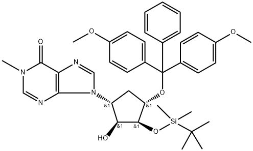 6H-Purin-6-one, 9-[(1R,2S,3S,4S)-4-[bis(4-methoxyphenyl)phenylmethoxy]-3-[[(1,1-dimethylethyl)dimethylsilyl]oxy]-2-hydroxycyclopentyl]-1,9-dihydro-1-methyl- Structure