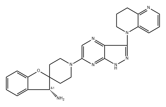 Spiro[benzofuran-2(3H),4'-piperidin]-3-amine, 1'-[3-(3,4-dihydro-1,5-naphthyridin-1(2H)-yl)-1H-pyrazolo[3,4-b]pyrazin-6-yl]-, (3R)- 구조식 이미지