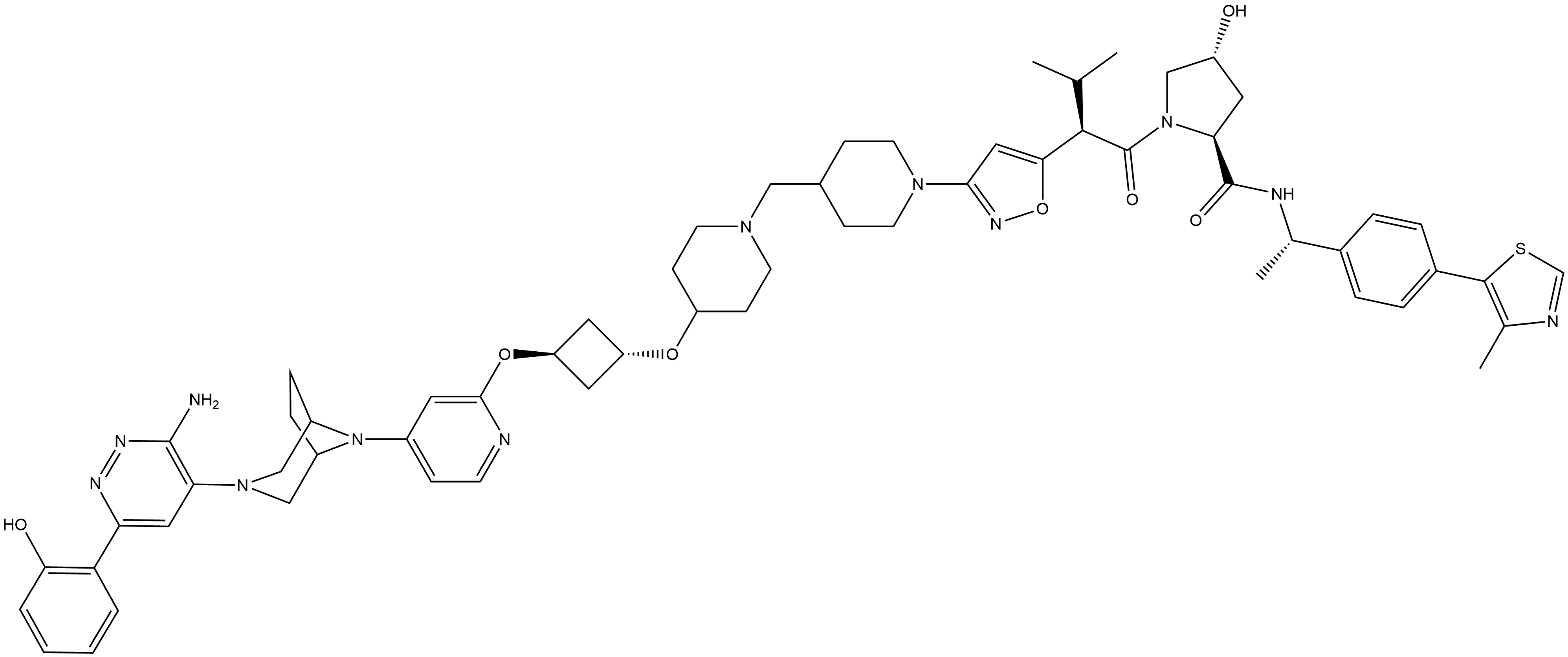 2-Pyrrolidinecarboxamide, 1-[(2R)-2-[3-[4-[[4-[[trans-3-[[4-[3-[3-amino-6-(2-hydroxyphenyl)-4-pyridazinyl]-3,8-diazabicyclo[3.2.1]oct-8-yl]-2-pyridinyl]oxy]cyclobutyl]oxy]-1-piperidinyl]methyl]-1-piperidinyl]-5-isoxazolyl]-3-methyl-1-oxobutyl]-4-hydroxy-N-[(1S)-1-[4-(4-methyl-5-thiazolyl)phenyl]ethyl]-, (2S,4R)- Structure