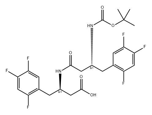 Benzenebutanoic acid, β-[[(3R)-3-[[(1,1-dimethylethoxy)carbonyl]amino]-1-oxo-4-(2,4,5-trifluorophenyl)butyl]amino]-2,4,5-trifluoro-, (βR)- 구조식 이미지