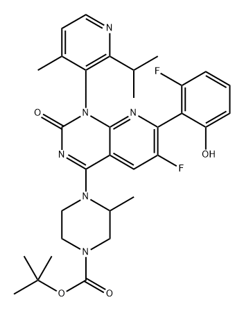 1-Piperazinecarboxylic acid, 4-[(1R)-6-fluoro-7-(2-fluoro-6-hydroxyphenyl)-1,2-dihydro-1-[4-methyl-2-(1-methylethyl)-3-pyridinyl]-2-oxopyrido[2,3-d]pyrimidin-4-yl]-3-methyl-, 1,1-dimethylethyl ester, (3S)- 구조식 이미지