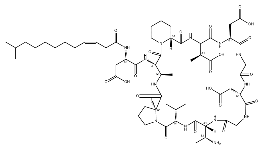 L-Proline, N-[(3Z)-11-methyl-1-oxo-3-dodecen-1-yl]-L-α-aspartyl-(2S,3R)-2,3-diaminobutanoyl-(2R)-2-piperidinecarbonyl-(3S)-3-methyl-L-α-aspartyl-L-α-aspartylglycyl-L-α-aspartylglycyl-(2R,3R)-2,3-diaminobutanoyl-L-valyl-, (11→2)-lactam Structure