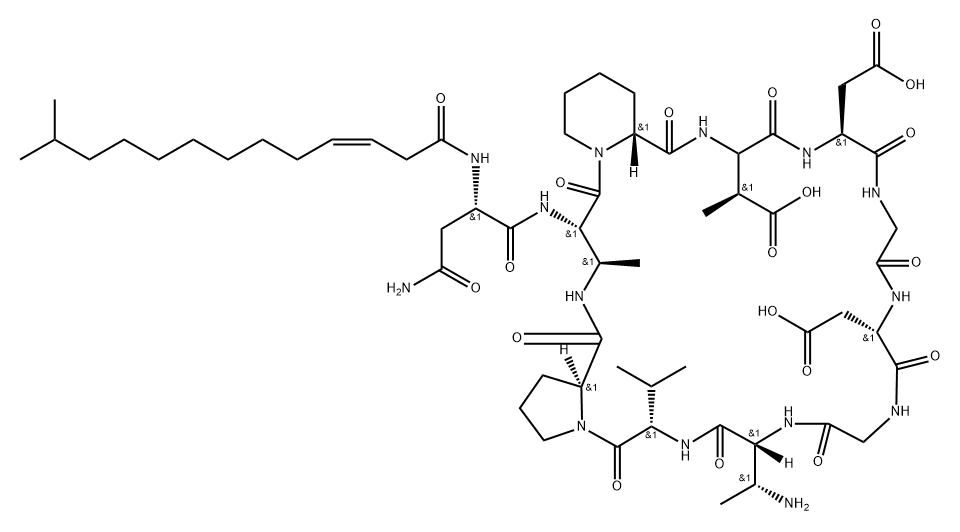 L-Proline, N2-[(3Z)-12-methyl-1-oxo-3-tridecen-1-yl]-L-asparaginyl-(2S,3R)-2,3-diaminobutanoyl-(2R)-2-piperidinecarbonyl-(3S)-3-methyl-L-α-aspartyl-L-α-aspartylglycyl-L-α-aspartylglycyl-(2R,3R)-2,3-diaminobutanoyl-L-valyl-, (11→2)-lactam Structure