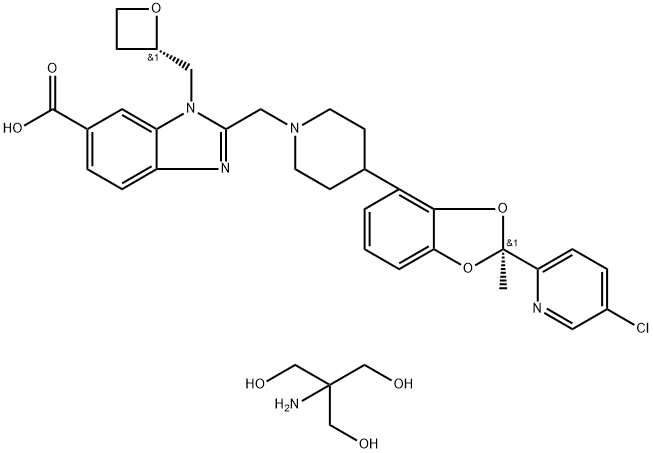 2-((4-((S)-2-(5-chloropyridin-2-yl)-2-methylbenzo[d][1,3]dioxol-4-yl)piperidin-1-yl)methyl)-1-(((S)-oxetan-2-yl)methyl)-1H-benzo[d]imidazole-6-carboxylic acid, 1,3-dihydroxy-2-(hydroxymethyl)propan-2-amine salt Structure