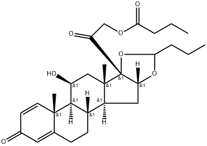 Pregna-1,4-diene-3,20-dione, 16,17-[butylidenebis(oxy)]-11-hydroxy-21-(1-oxobutoxy)-, (11β,16α)- 구조식 이미지