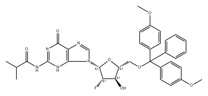 N2-iso-Butyroyl-5'-O-(4,4'-dimethoxytrityl)-2'-deoxy-fluoro-2'-arabinoguanosine 구조식 이미지