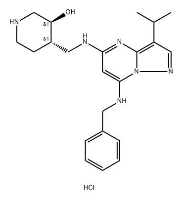 3-Piperidinol, 4-[[[3-(1-methylethyl)-7-[(phenylmethyl)amino]pyrazolo[1,5-a]pyrimidin-5-yl]amino]methyl]-, hydrochloride (1:1), (3S,4S)- (ACI) Structure