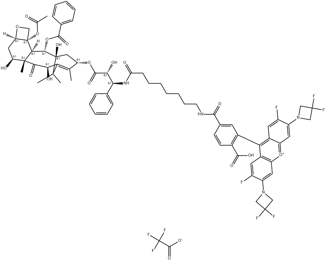 Xanthylium, 9-[5-[[[8-[[(1S,2R)-3-[[(2aR,4S,4aS,6R,9S,11S,12S,12aR,12bS)-12b-(acetyloxy)-12-(benzoyloxy)-2a,3,4,4a,5,6,9,10,11,12,12a,12b-dodecahydro-4,6,11-trihydroxy-4a,8,13,13-tetramethyl-5-oxo-7,11-methano-1H-cyclodeca[3,4]benz[1,2-b]oxet-9-yl]oxy]-2-hydroxy-3-oxo-1-phenylpropyl]amino]-8-oxooctyl]amino]carbonyl]-2-carboxyphenyl]-3,6-bis(3,3-difluoro-1-azetidinyl)-2,7-difluoro-, 2,2,2-trifluoroacetate (1:1) Structure