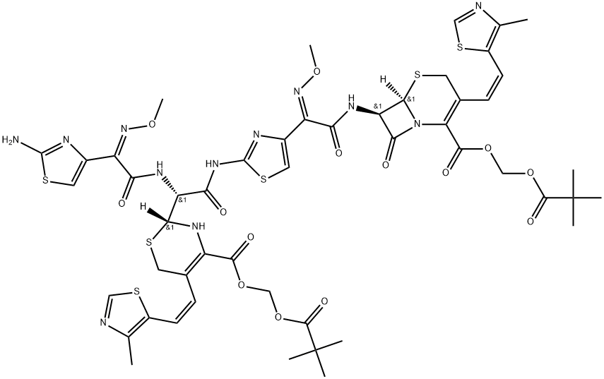 5-Thia-1-azabicyclo[4.2.0]oct-2-ene-2-carboxylic acid, 7-[[(2Z)-2-[2-[[(2R)-2-[[(2Z)-2-(2-amino-4-thiazolyl)-2-(methoxyimino)acetyl]amino]-2-[(2R)-4-[[(2,2-dimethyl-1-oxopropoxy)methoxy]carbonyl]-3,6-dihydro-5-[(1Z)-2-(4-methyl-5-thiazolyl)ethenyl]-2H-1,3-thiazin-2-yl]acetyl]amino]-4-thiazolyl]-2-(methoxyimino)acetyl]amino]-3-[(1Z)-2-(4-methyl-5-thiazolyl)ethenyl]-8-oxo-, (2,2-dimethyl-1-oxopropoxy)methyl ester, (6R,7R)- Structure