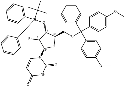 1-((2S,3S,4S,5S)-5-((bis(4-methoxyphenyl)(phenyl)methoxy)methyl)-4-((tert-butyldiphenylsilyl)oxy)-3-fluorotetrahydrofuran-2-yl)pyrimidine-2,4(1H,3H)-dione Structure