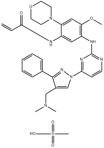 2-Propenamide, N-[5-[[4-[4-[(dimethylamino)methyl]-3-phenyl-1H-pyrazol-1-yl]-2-pyrimidinyl]amino]-4-methoxy-2-(4-morpholinyl)phenyl]-, methanesulfonate, hydrate (1:1:1) Structure