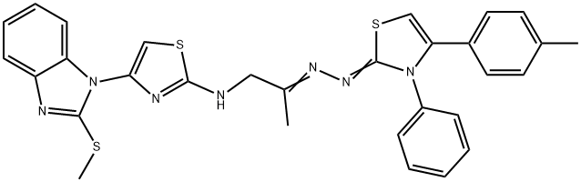 2(3H)-Thiazolone, 4-(4-methylphenyl)-3-phenyl-, 2-[1-methyl-2-[[4-[2-(methylthio)-1H-benzimidazol-1-yl]-2-thiazolyl]amino]ethylidene]hydrazone Structure