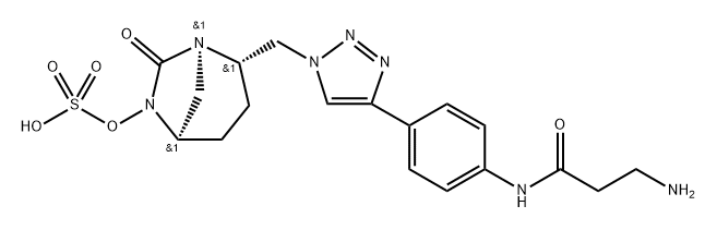 Sulfuric acid, mono[(1R,2S,5R)-2-[[4-[4-[(3-amino-1-oxopropyl)amino]phenyl]-1H-1,2,3-triazol-1-yl]methyl]-7-oxo-1,6-diazabicyclo[3.2.1]oct-6-yl] ester 구조식 이미지