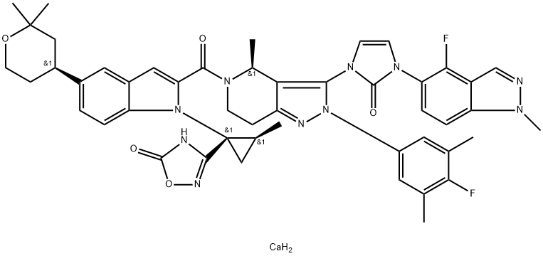 1,2,4-Oxadiazol-5(2H)-one, 3-[(1S,2S)-1-[2-[[(4S)-2-(4-fluoro-3,5-dimethylphenyl)-3-[3-(4-fluoro-1-methyl-1H-indazol-5-yl)-2,3-dihydro-2-oxo-1H-imidazol-1-yl]-2,4,6,7-tetrahydro-4-methyl-5H-pyrazolo[4,3-c]pyridin-5-yl]carbonyl]-5-[(4S)-tetrahydro-2,2-dimethyl-2H-pyran-4-yl]-1H-indol-1-yl]-2-methylcyclopropyl]-, calcium salt (2:1) 구조식 이미지