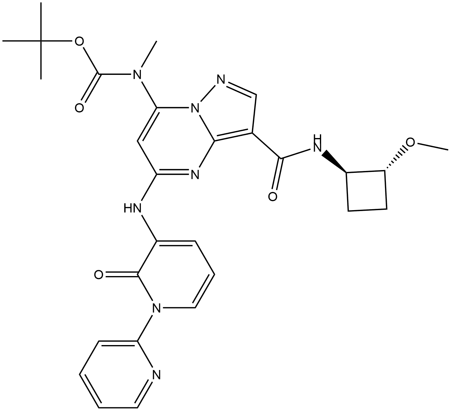 1,1-Dimethylethyl N-[3-[[[(1R,2R)-2-methoxycyclobutyl]amino]carbonyl]-5-[(2-oxo[1(6H),2′-bipyridin]-3-yl)amino]pyrazolo[1,5-a]pyrimidin-7-yl]-N-methylcarbamate 구조식 이미지