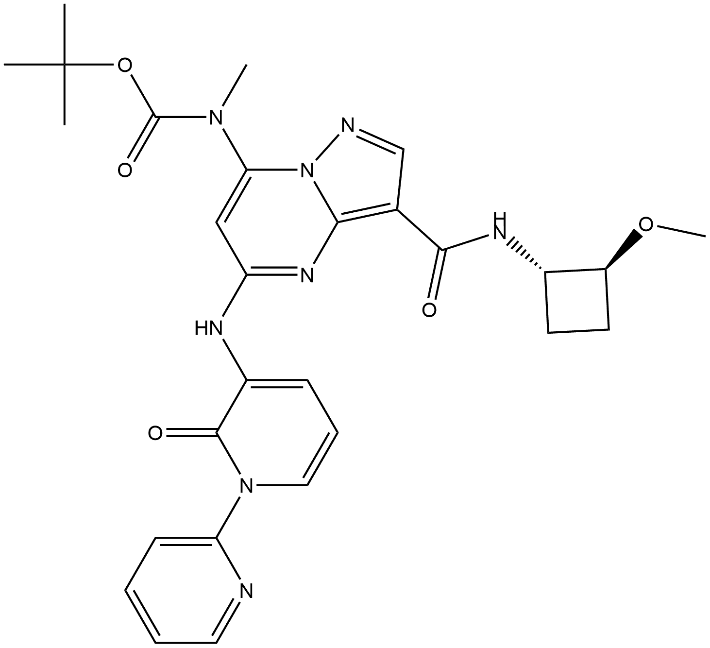 1,1-Dimethylethyl N-[3-[[[(1S,2S)-2-methoxycyclobutyl]amino]carbonyl]-5-[(2-oxo[1(6H),2′-bipyridin]-3-yl)amino]pyrazolo[1,5-a]pyrimidin-7-yl]-N-methylcarbamate Structure