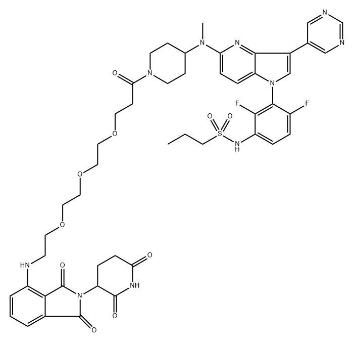 1-Propanesulfonamide, N-[3-[5-[[1-[3-[2-[2-[2-[[2-(2,6-dioxo-3-piperidinyl)-2,3-dihydro-1,3-dioxo-1H-isoindol-4-yl]amino]ethoxy]ethoxy]ethoxy]-1-oxopropyl]-4-piperidinyl]methylamino]-3-(5-pyrimidinyl)-1H-pyrrolo[3,2-b]pyridin-1-yl]-2,4-difluorophenyl]- Structure