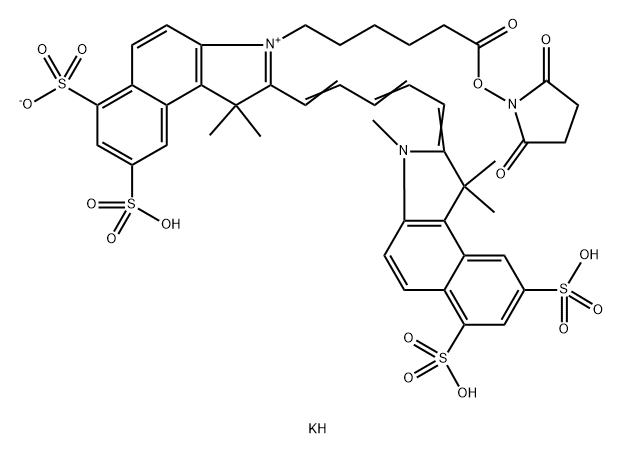 1H-Benz[e]indolium, 2-[5-(1,3-dihydro-1,1,3-trimethyl-6,8-disulfo-2H-benz[e]indol-2-ylidene)-1,3-pentadien-1-yl]-3-[6-[(2,5-dioxo-1-pyrrolidinyl)oxy]-6-oxohexyl]-1,1-dimethyl-6,8-disulfo-, inner salt, potassium salt (1:3) Structure