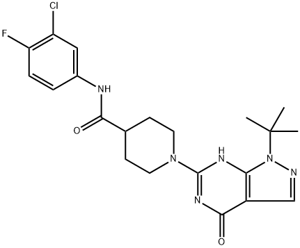 1-(1-(tert-butyl)-4-oxo-4,5-dihydro-1H-pyrazolo[3,4-d]pyrimidin-6-yl)-N-(3-chloro-4-fluorophenyl)piperidine-4-carboxamide1-(1-(tert-butyl)-4-oxo-4,5-dihydro-1H-pyrazole[3,4-d]pyrimidine-6-yl)-N-(3-chloro-4-fluorophenyl)piperidin-4-carboxylic acid amide Structure