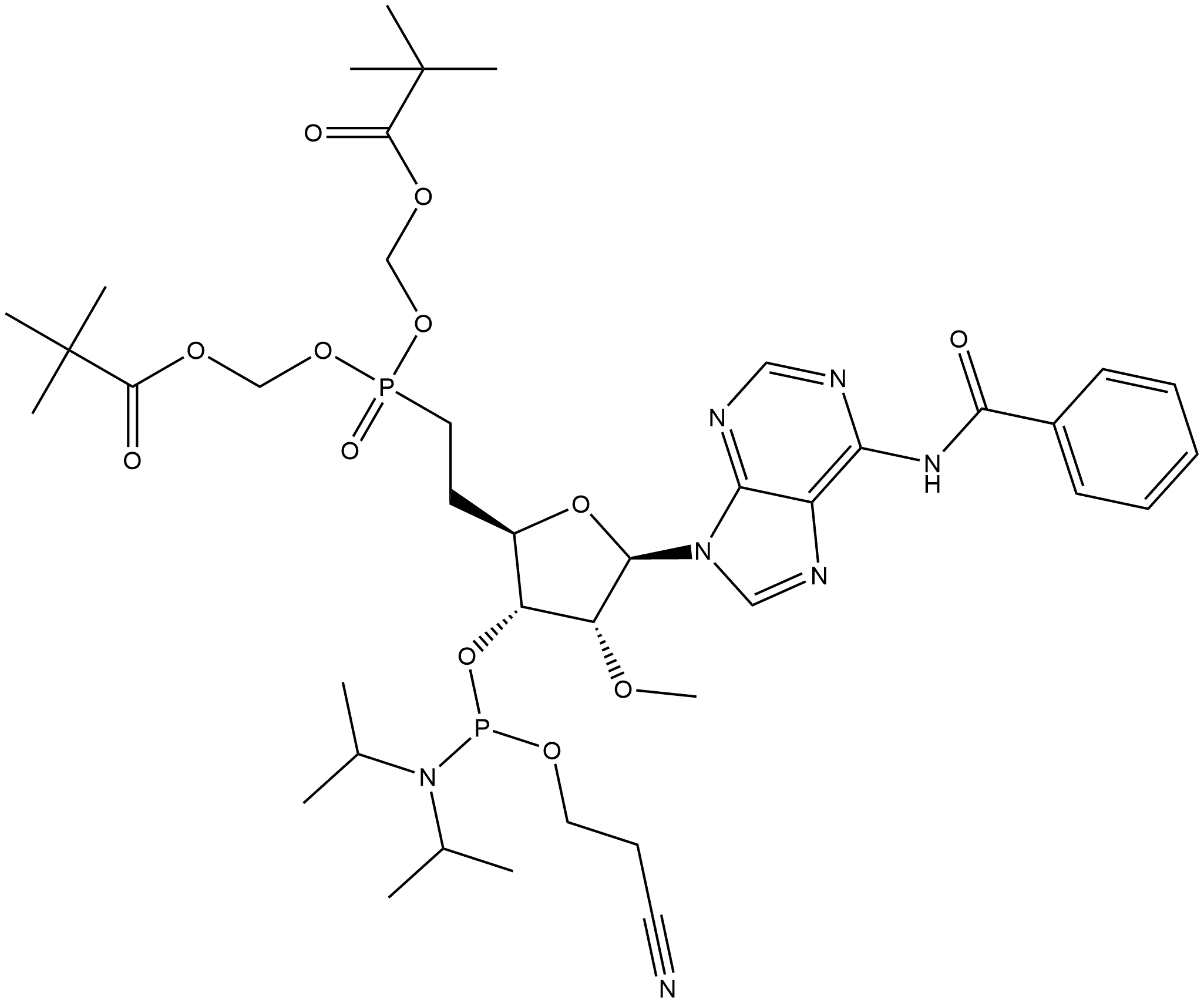 Benzamide, N-[9-[6-[bis[(2,2-dimethyl-1-oxopropoxy)methoxy]phosphinyl]-3-O-[[bis(1-methylethyl)amino](2-cyanoethoxy)phosphino]-5,6-dideoxy-2-O-methyl-β-D-ribo-hexofuranosyl]-9H-purin-6-yl]- Structure