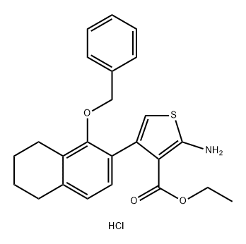 3-Thiophenecarboxylic acid, 2-amino-4-[5,6,7,8-tetrahydro-1-(phenylmethoxy)-2-naphthalenyl]-, ethyl ester, hydrochloride (1:1) Structure