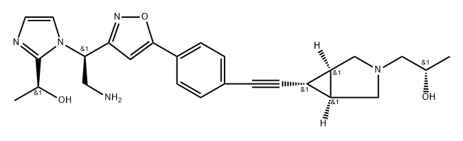 3-Azabicyclo[3.1.0]hexane-3-ethanol, 6-[2-[4-[3-[(1R)-2-amino-1-[2-[(1S)-1-hydroxyethyl]-1H-imidazol-1-yl]ethyl]-5-isoxazolyl]phenyl]ethynyl]-α-methyl-, (αS,1α,1α,5α,5α,6-exo,6α,6β)- 구조식 이미지