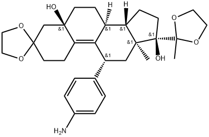 19-Norpregn-9-ene-3,20-dione, 11-(4-aminophenyl)-5,17-dihydroxy-, cyclic bis(1,2-ethanediyl acetal), (5α,11β)- (9CI) Structure