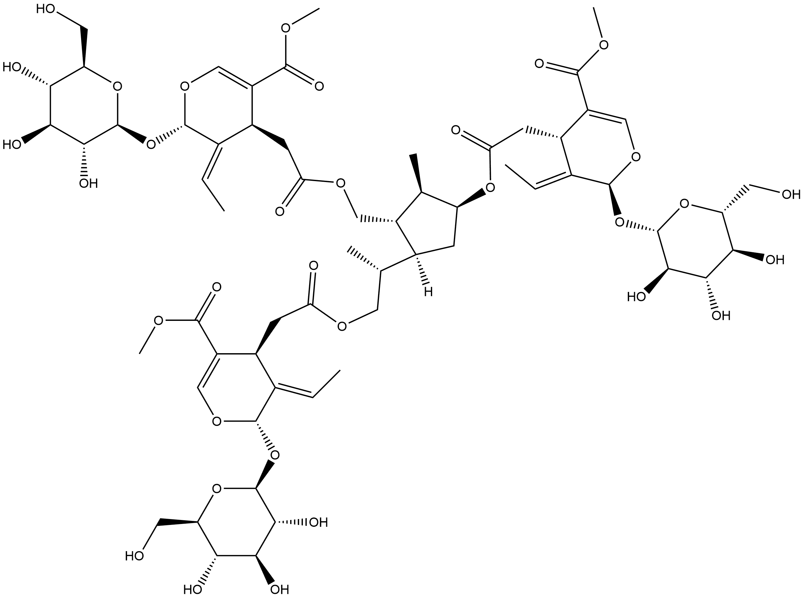 2H-Pyran-4-acetic acid, 3-ethylidene-2-(β-D-glucopyranosyloxy)-3,4-dihydro-5-(methoxycarbonyl)-, [(1S,2R,3S,5S)-3-[[[(2S,3E,4S)-3-ethylidene-2-(β-D-glucopyranosyloxy)-3,4-dihydro-5-(methoxycarbonyl)-2H-pyran-4-yl]acetyl]oxy]-5-[(1R)-2-[[[(2S,3E,4S)-3-ethylidene-2-(β-D-glucopyranosyloxy)-3,4-dihydro-5-(methoxycarbonyl)-2H-pyran-4-yl]acetyl]oxy]-1-methylethyl]-2-methylcyclopentyl]methyl ester, (2S,3E,4S)- Structure