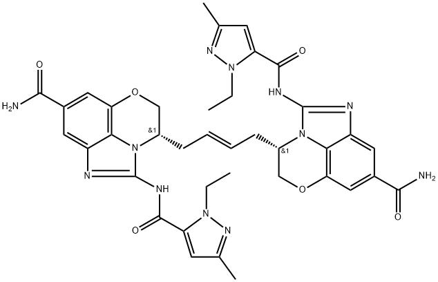 (4S,4'S)-4,4'-(2-Butene-1,4-diyl)bis(-2-[[(1-ethyl-3-methyl-1H-pyrazol-5-yl)carbonyl]amino]-4,5-dihydro-imidazo[1,5,4-de][1,4]benzoxazine-8-carboxamide) 구조식 이미지