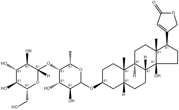 3β-[(4-O-β-D-Glucopyranosyl-6-deoxy-L-galactopyranosyl)oxy]-14-hydroxy-5β-card-20(22)-enolide 구조식 이미지