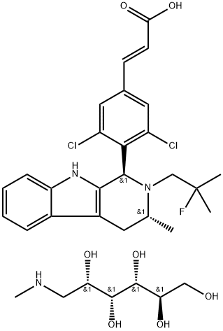 D-Glucitol, 1-deoxy-1-(methylamino)-, (2E)-3-[3,5-dichloro-4-[(1R,3R)-2-(2-fluoro-2-methylpropyl)-2,3,4,9-tetrahydro-3-methyl-1H-pyrido[3,4-b]indol-1-yl]phenyl]-2-propenoate (1:1) Structure