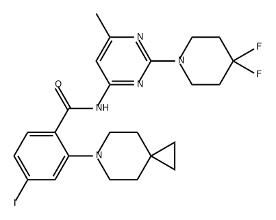 N-(2-(4,4-difluoropiperidin-1-yl)-6-methylpyrimidin-4-yl)-4-iodo-2-(6-azaspiro[2.5]octan-6-yl)benzamide Structure