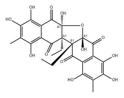 Dinaphtho[2,3-b:2',3'-d]furan-5,7,12,13-tetrone, 12a,12b-diethyl-5a,6a,12a,12b-tetrahydro-1,3,4,5a,6a,8,9,11-octahydroxy-2,10-dimethyl-, (5aS,6aS,12aS,12bS)-rel-(-)- 구조식 이미지