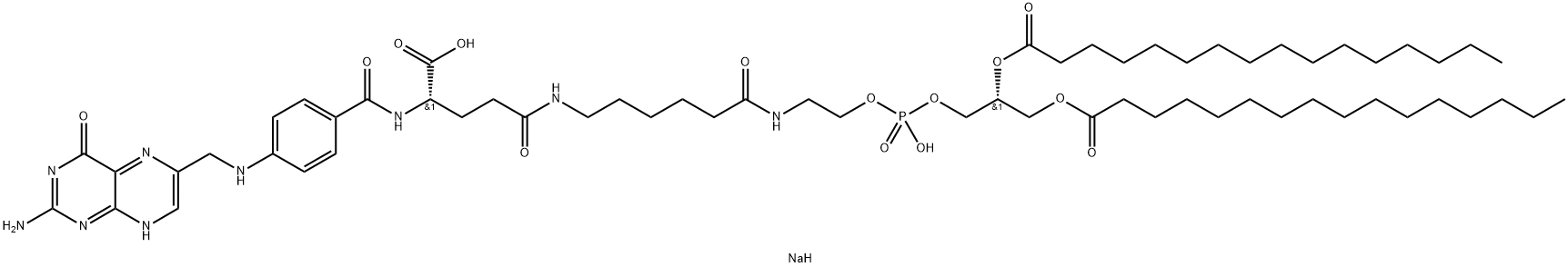 16,18,22-Trioxa-6,13-diaza-17-phosphaoctatriacontanoic acid, 2-[[4-[[(2-amino-3,4-dihydro-4-oxo-6-pteridinyl)methyl]amino]benzoyl]amino]-17-hydroxy-5,12,23-trioxo-20-[(1-oxohexadecyl)oxy]-, 17-oxide, sodium salt (1:2), (2S,20R)- Structure