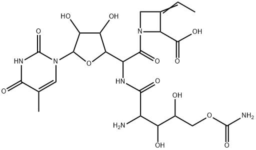 2-Azetidinecarboxylic acid, 1-[5-[[2-amino-5-O-(aminocarbonyl)-2-deoxy-L-xylonoyl]amino]-1,5-dideoxy-1-(3,4-dihydro-5-methyl-2,4-dioxo-1(2H)-pyrimidinyl)-β-D-allofuranuronoyl]-3-ethylidene-, (2S,3E)- Structure
