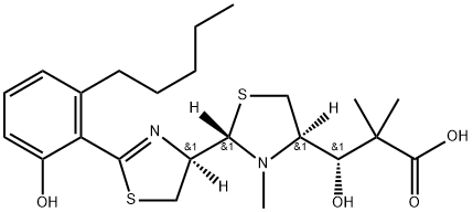 4-Thiazolidinepropanoic acid, 2-[(4R)-4,5-dihydro-2-(2-hydroxy-6-pentylphenyl)-4-thiazolyl]-β-hydroxy-α,α,3-trimethyl-, (βS,2S,4R)-rel-(-)- Structure