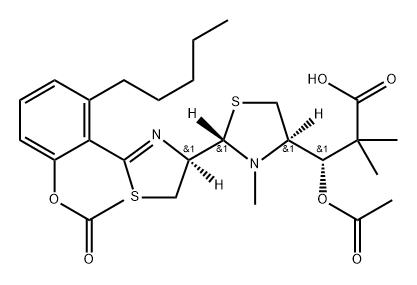 4-Thiazolidinepropanoic acid, β-(acetyloxy)-2-[(4R)-2-[2-(acetyloxy)-6-pentylphenyl]-4,5-dihydro-4-thiazolyl]-α,α,3-trimethyl-, (βS,2S,4R)-rel- 구조식 이미지