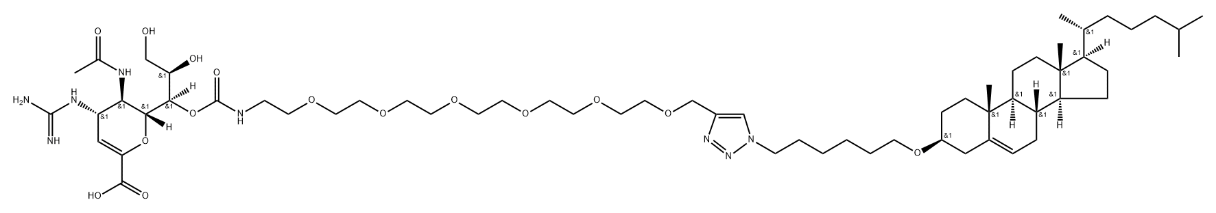 D-glycero-D-galacto-Non-2-enonic acid, 5-(acetylamino)-4-[(aminoiminomethyl)amino]-2,6-anhydro-3,4,5-trideoxy-, 7-[21-[1-[6-[(3β)-cholest-5-en-3-yloxy]hexyl]-1H-1,2,3-triazol-4-yl]-5,8,11,14,17,20-hexaoxa-2-azaheneicosanoate] Structure