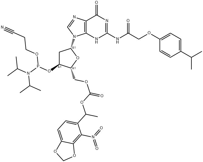 2'-deoxy-N-[[4-(1-methylethyl)phenoxy]acetyl]-, 3'-[2-cyanoethyl bis(1-methylethyl)phosphoramidite] 5'-[1-(4-nitro-1,3-benzodioxolGuanosine Structure