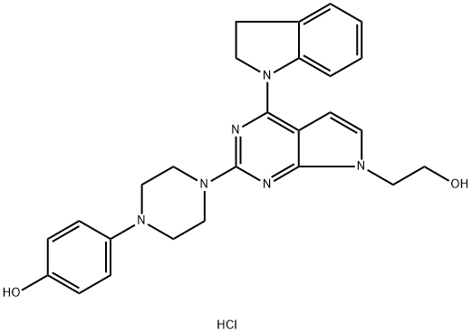 7H-Pyrrolo[2,3-d]pyrimidine-7-ethanol, 4-(2,3-dihydro-1H-indol-1-yl)-2-[4-(4-hydroxyphenyl)-1-piperazinyl]-, hydrochloride (1:1) Structure