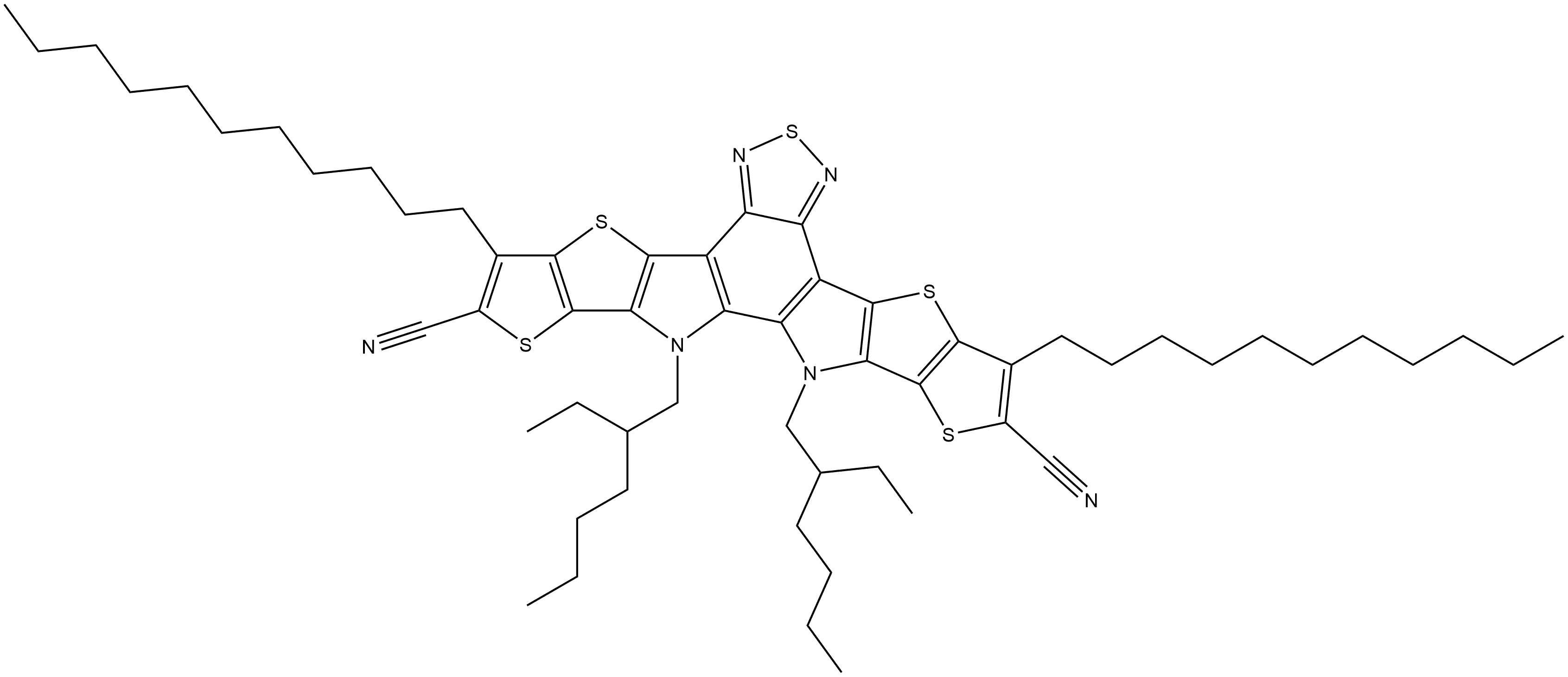 Dithieno[2'',3'':4',5']thieno[2',3':4,5]pyrrolo[3,2-e:2',3'-g][2,1,3]benzothiadiazole-2,10-dicarbonitrile, 12,13-bis(2-ethylhexyl)-12,13-dihydro-3,9-diundecyl- Structure