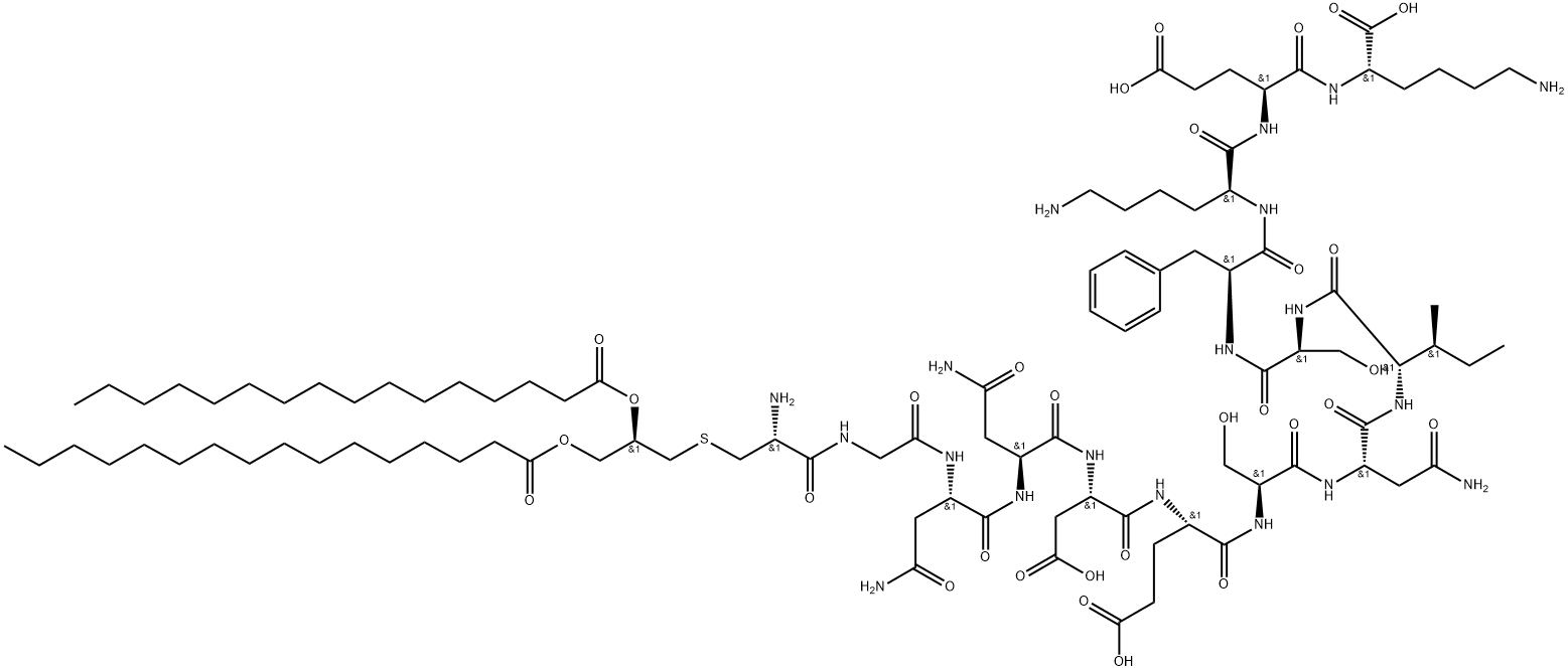 L-Lysine, S-[(2R)-2,3-bis[(1-oxohexadecyl)oxy]propyl]-L-cysteinylglycyl-L-asparaginyl-L-asparaginyl-L-α-aspartyl-L-α-glutamyl-L-seryl-L-asparaginyl-L-isoleucyl-L-seryl-L-phenylalanyl-L-lysyl-L-α-glutamyl- 구조식 이미지