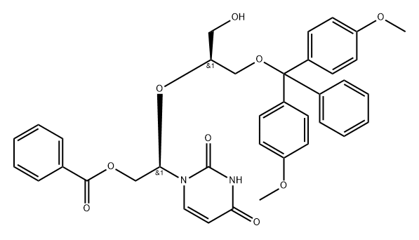 (R)-2-(((S)-1-(bis(4-methoxyphenyl)(phenyl)methoxy)-3-hydroxypropan-2-yl)oxy)-2-(2,4-dioxo-3,4-dihydropyrimidin-1(2H)-yl)ethyl benzoate Structure