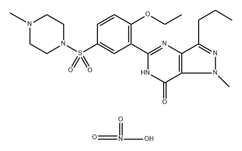 7H-Pyrazolo[4,3-d]pyrimidin-7-one, 5-[2-ethoxy-5-[(4-methyl-1-piperazinyl)sulfonyl]phenyl]-1,6-dihydro-1-methyl-3-propyl-, nitrate (1:1) Structure