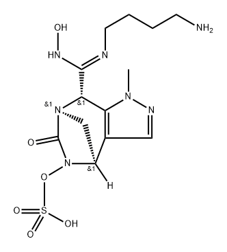 (4R,7R,8S)-8-((Z)-N-(4-aminobutyl)-N'-hydroxycarbamimidoyl)-1-methyl-6-oxo-4,8-dihydro-1H-4,7-methanopyrazolo[3,4-e][1,3]diazepin-5(6H)-yl hydrogen sulfate Structure