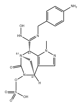(4R,7R,8S)-8-((Z)-N-(4-aminobenzyl)-N'-hydroxycarbamimidoyl)-1-methyl-6-oxo-4,8-dihydro-1H-4,7-methanopyrazolo[3,4-e][1,3]diazepin-5(6H)-yl hydrogen sulfate Structure